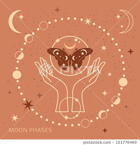 Mystical moon phases and woman hands and moth, alchemy esoteric magic space, sacred wheel of the year, vector isolated on beige background 101776469