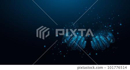 Two human hands. Wireframe glowing low poly hands. Design on dark blue background. Abstract futuristic vector illustration Two human hands. Wireframe glowing low poly hands. Design on dark blue background. Abstract futuristic vector illustration 101776514