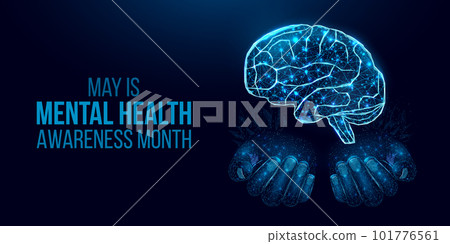 Mental health awareness month concept.Two human hands are holds green ribbon awareness. Abstract vector illustration on dark blue background 101776561