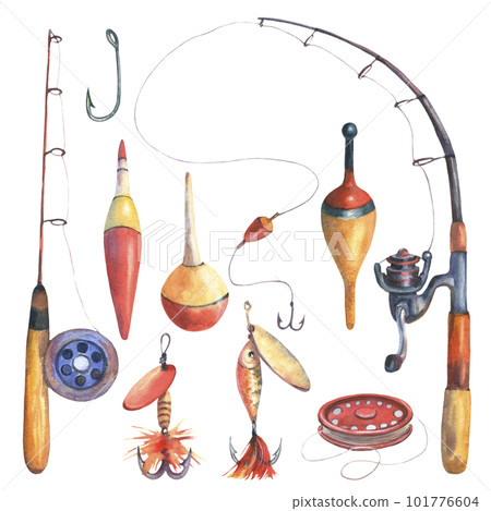 Set of fishing tackle, fishing rod, bobber float,, hooks and lures. Hand drawn watercolor painting isolated on white background, cut out clip art element for design, postcards, stickers. 101776604