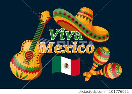 Viva mexico banner, mexico flag, maracas, sombrero and guitar on dark background. Poster, vector 101776651