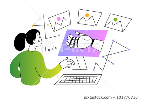 Person uses AI service to generate images, designer creates lots of artworks using computer, vector illustration 101776716