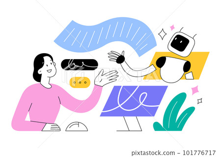 Person using AI chatbot, giving a prompt to a chat bot, uses a virtual assistant for work, artificial intelligence, vector illustration 101776717