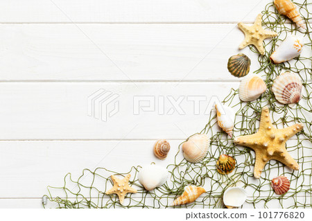 Summer time concept Flat lay composition with beautiful starfish and sea shells on colored table, top view with copy space for text 101776820