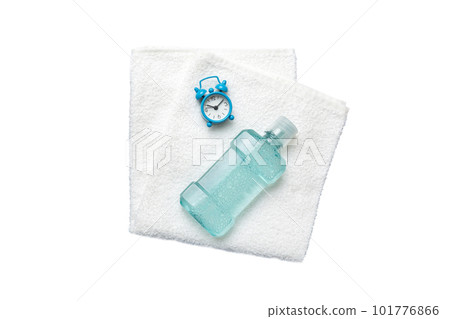 Mouthwash and other oral hygiene products isolated on white background top view with copy space. Flat lay. Dental hygiene. Oral care kit. Dentist concept Mouthwash and other oral hygiene products isolated on white background top view with copy space. Flat lay. Dental hygiene. Oral care kit. Dentist concept 101776866