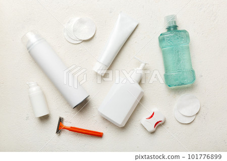 Mockup for bathing products top view flat lay, spa razor, toothpaste, soap, gel and other various accessories. Cosmetics for skin health. Bath Mockup for your logo Mockup for bathing products top view flat lay, spa razor, toothpaste, soap, gel and other various accessories. Cosmetics for skin health. Bath Mockup for your logo 101776899