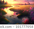 Sunset over a meadow full of colorful flowers 101777058