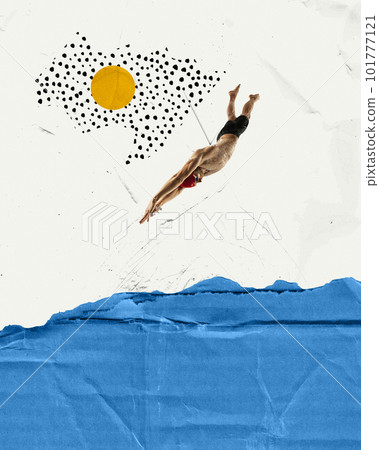 Man, professional swimmer with muscular body jumping into water, training, swimming. Contemporary art collage. 101777121