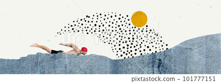 Man, professional swimmer in swimming cap and goggles swimming into abstract water. Competition. Contemporary art collage. Man, professional swimmer in swimming cap and goggles swimming into abstract water. Competition. Contemporary art collage. 101777151