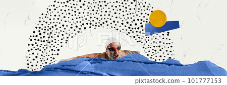 Young woman, professional swimmer in swimsuit and cap swimming into abstract water. Competition. Contemporary art collage. Young woman, professional swimmer in swimsuit and cap swimming into abstract water. Competition. Contemporary art collage. 101777153