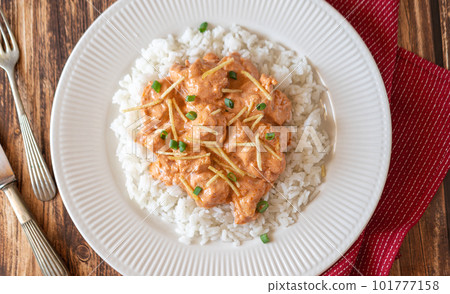 Brazilian strogonoff in plate with rice and potato straw. Brazilian strogonoff in plate with rice and potato straw. 101777158