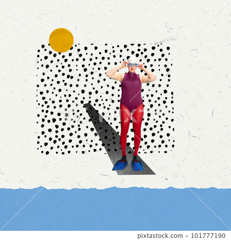 Woman in red swimsuit and swimming cap, wearing goggles, standing over abstract water, ready to swim. Contemporary art collage. Woman in red swimsuit and swimming cap, wearing goggles, standing over abstract water, ready to swim. Contemporary art collage. 101777190