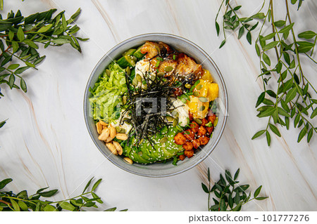 Portion of eel poke bowl with chickpeas Portion of eel poke bowl with chickpeas 101777276