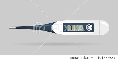 Icon of digital thermometer with measuring body temperature. Medical equipment for using at hospital or home. Realistic illustration isolated on a grey background. Icon of digital thermometer with measuring body temperature. Medical equipment for using at hospital or home. Realistic illustration isolated on a grey background. 101777624