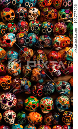 AI generated pattern of colorful skulls with different colors. Halloween background 101777906