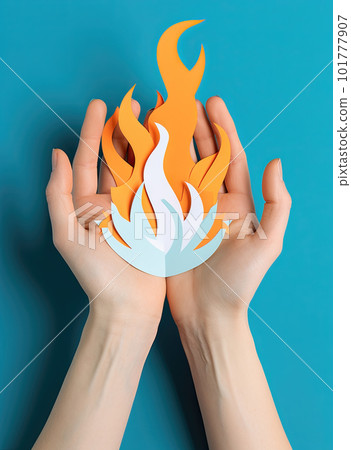AI generated paper composition background for pentecost or trinity, hand holding tongue of flame 101777907