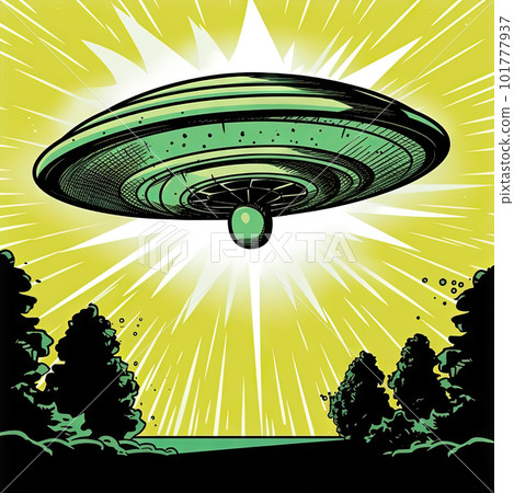 UFO flying over the city. AI generated illustration of a flying saucer. 101777937