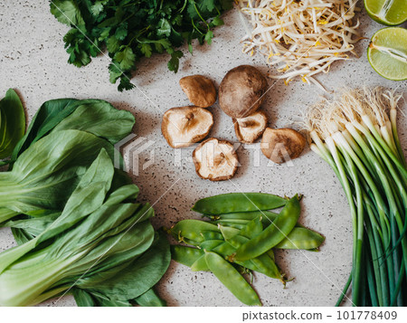 Cooking ingredients for Asian dishes on gray concrete background 101778409