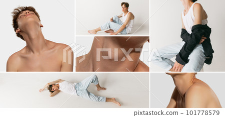 Collage of different body parts of young guy posing over grey studio background. Casual fashion and self-care 101778579