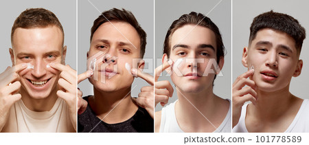 Collage. Young men with spotless, clearface, taking care after skin, applying face moisturizing cream 101778589