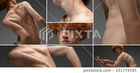 Body aesthetics. Collage of different body parts of young redhead guy with freckles posing over grey studio background Body aesthetics. Collage of different body parts of young redhead guy with freckles posing over grey studio background 101778595