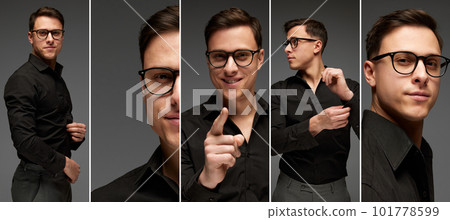 Collage. Stylish, handsome man in business classic style outfit isolated over grey background. Fashion look of businessman. 101778599