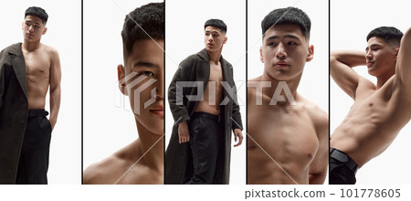 Collage. Set of images of young asian guy with clear, spotless face posing shirtless against white studio background Collage. Set of images of young asian guy with clear, spotless face posing shirtless against white studio background 101778605
