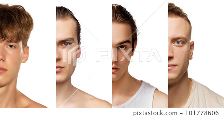 Half-face portrait of four different man of diverse age posing over white studio background. Male models with clear, smooth, spotless skin Half-face portrait of four different man of diverse age posing over white studio background. Male models with clear, smooth, spotless skin 101778606