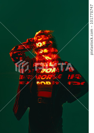 Portrait of pretty girl wearing sunglasses and digital neon filter lights with inscryption on body on dark green mode background. Wrong decision Portrait of pretty girl wearing sunglasses and digital neon filter lights with inscryption on body on dark green mode background. Wrong decision 101778747