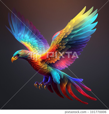 A large bird with rainbow-colored flapping wings on a black background A large bird with rainbow-colored flapping wings on a black background 101778806