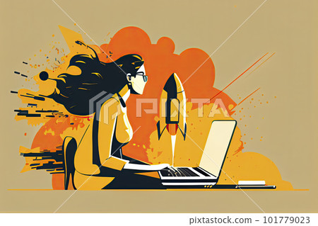 Woman working on startup vector illustration. Lady using laptop for work idea flat style. Rocket as symbol Woman working on startup vector illustration. Lady using laptop for work idea flat style. Rocket as symbol 101779023