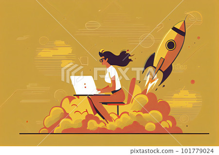Woman working on startup vector illustration. Lady using laptop for work idea flat style. Rocket as symbol Woman working on startup vector illustration. Lady using laptop for work idea flat style. Rocket as symbol 101779024
