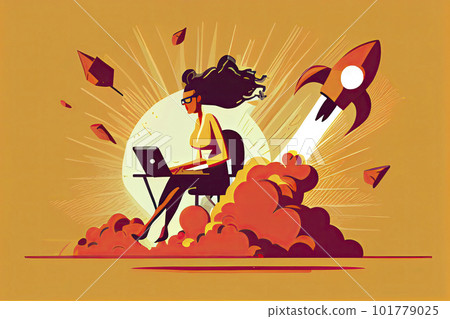 Woman working on startup vector illustration. Lady using laptop for work idea flat style. Rocket as symbol 101779025