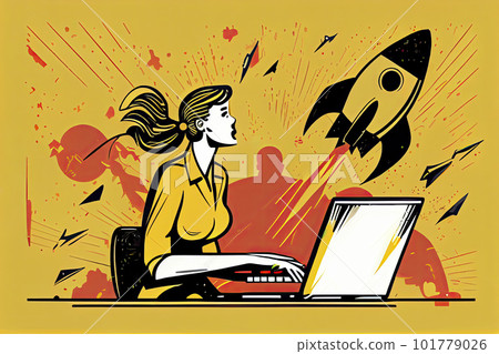 Woman working on startup vector illustration. Lady using laptop for work idea flat style. Rocket as symbol Woman working on startup vector illustration. Lady using laptop for work idea flat style. Rocket as symbol 101779026