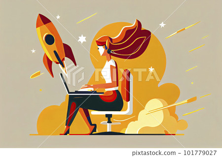 Woman working on startup vector illustration. Lady using laptop for work idea flat style. Rocket as symbol Woman working on startup vector illustration. Lady using laptop for work idea flat style. Rocket as symbol 101779027
