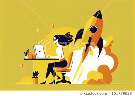 Woman working on startup vector illustration. Lady using laptop for work idea flat style. Rocket as symbol Woman working on startup vector illustration. Lady using laptop for work idea flat style. Rocket as symbol 101779028