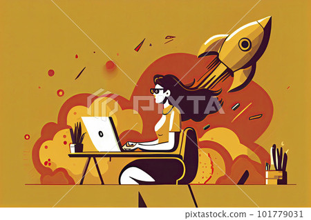 Woman working on startup vector illustration. Lady using laptop for work idea flat style. Rocket as symbol 101779031