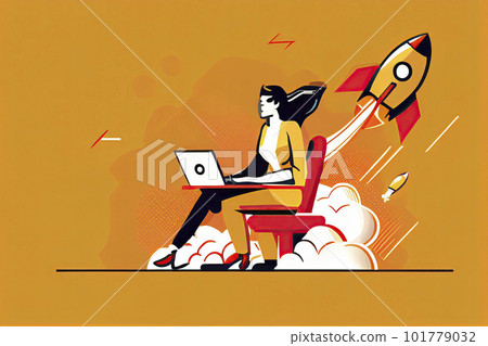 Woman working on startup vector illustration. Lady using laptop for work idea flat style. Rocket as symbol 101779032