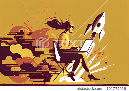 Woman working on startup vector illustration. Lady using laptop for work idea flat style. Rocket as symbol Woman working on startup vector illustration. Lady using laptop for work idea flat style. Rocket as symbol 101779036