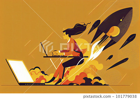 Woman working on startup vector illustration. Lady using laptop for work idea flat style. Rocket as symbol Woman working on startup vector illustration. Lady using laptop for work idea flat style. Rocket as symbol 101779038