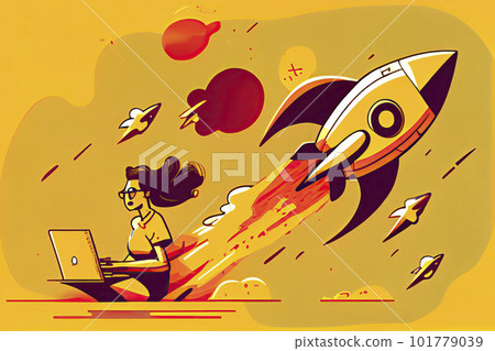Woman working on startup vector illustration. Lady using laptop for work idea flat style. Rocket as symbol Woman working on startup vector illustration. Lady using laptop for work idea flat style. Rocket as symbol 101779039