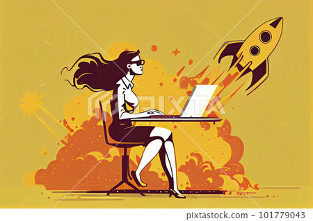 Woman working on startup vector illustration. Lady using laptop for work idea flat style. Rocket as symbol 101779043