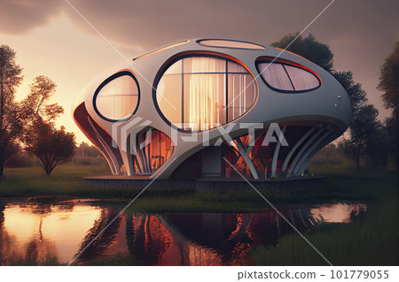 In addition to being environmentally friendly, futuristic eco houses often prioritize functionality In addition to being environmentally friendly, futuristic eco houses often prioritize functionality 101779055