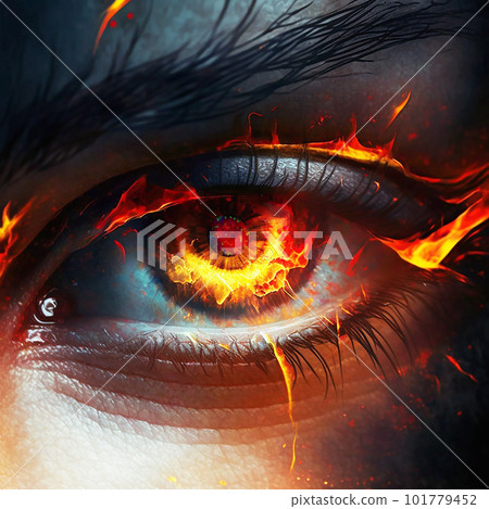 A close-up of the eyes engulfed in hot flames as if burning with fighting spirit 101779452