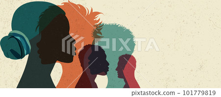 Banner Diversity multi-ethnic and multiracial people poster. Silhouette profile group of men and women of diverse culture.Concept of racial equality and anti-racism.Multicultural society 101779819