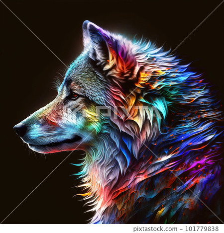 一張英勇的狼臉,有著彩虹色的皮毛 一張英勇的狼臉,有著彩虹色的皮毛 101779838