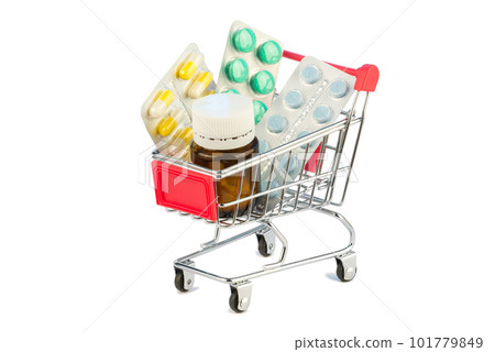 Drags and pills and vial in shopping cart isolated 101779849