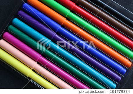 Twelve multi coPen Caps Of Colorful Felt Pens In A Row Closeup Texture Background lored felt tip pens in a plastic transparent case on a black background Twelve multi coPen Caps Of Colorful Felt Pens In A Row Closeup Texture Background lored felt tip pens in a plastic transparent case on a black background 101779884