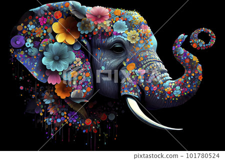 Psychedelic elephant head and large, wrapped in flowers 101780524