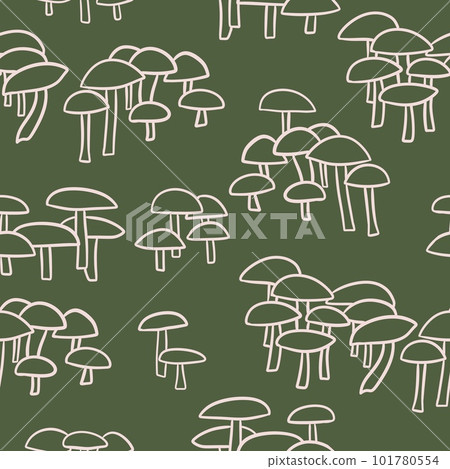 Hand drawn seamless pattern with beige forest wood mushrooms on sgae green khaki background. Woodland minimalist toadstool wild fungus fungi, nature poisonous plant organic season.. 101780554